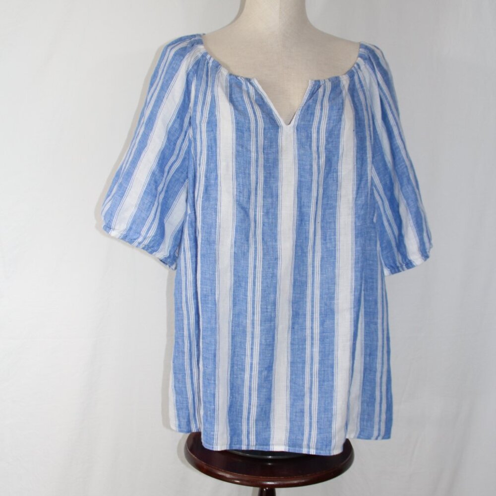 Talbots Women's Blue White Stripes Pattern 100% Linen Short Sleeve Blouse 1X
